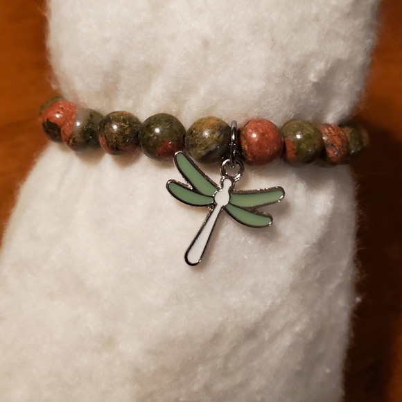 Unakite Crystal Bracelet with Dragonfly Charm - Picture 1 of 5